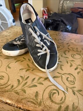 Golden Goose Black Leather Star Accent Sneakers with Gray Laces
